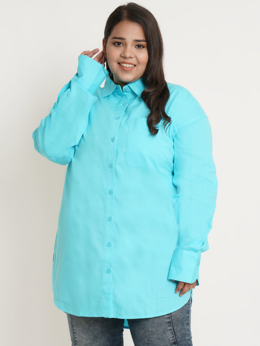 Women Turquoise Blue Full Sleeves Collar Style Plus Size Top