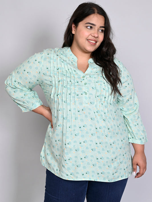 Women Plus Size Green Printed Pintuck Mandarin Collar Longline Top