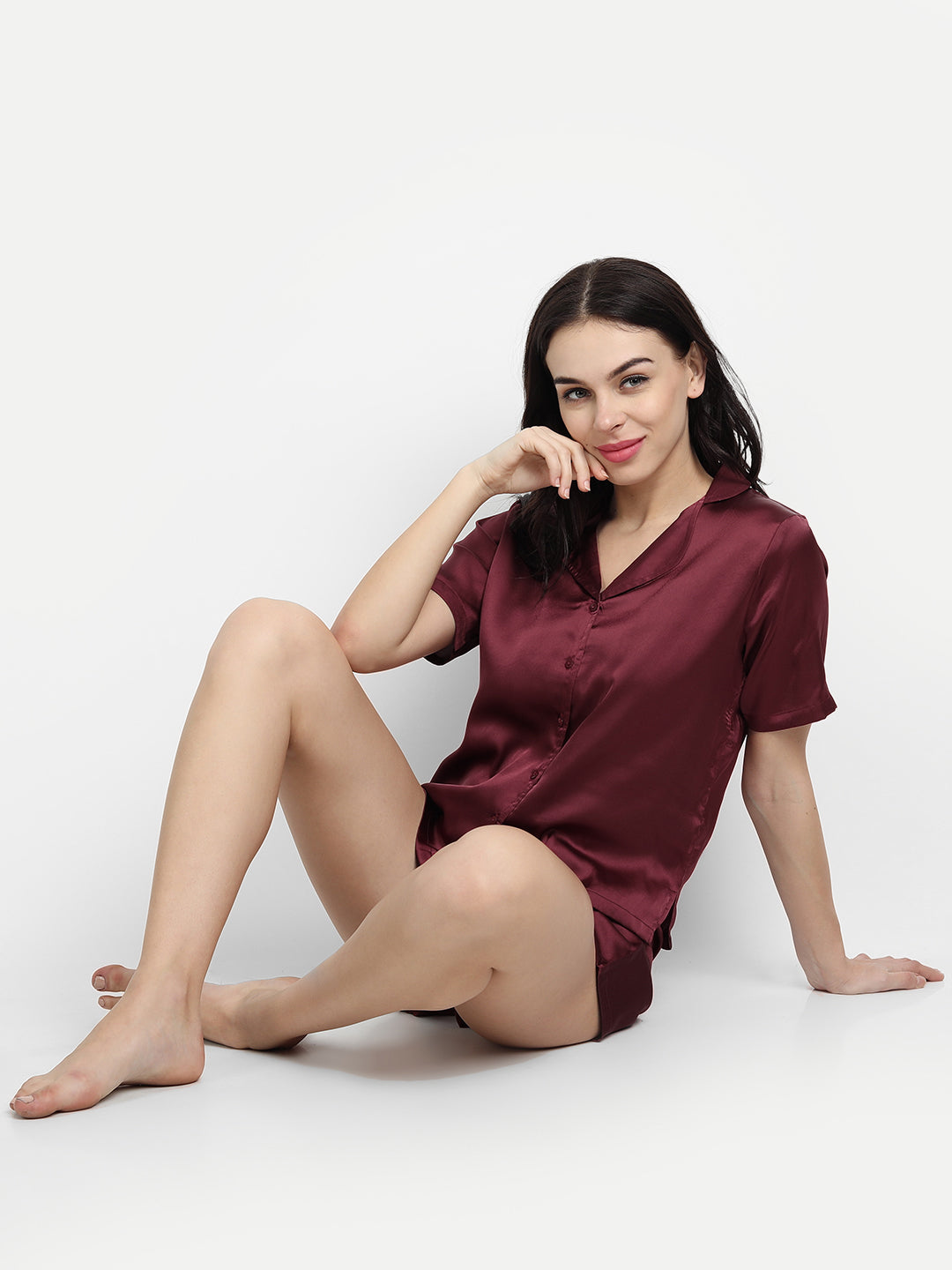 Women Maroon Solid Satin Pyjama & Shirt Nightsuit Set
