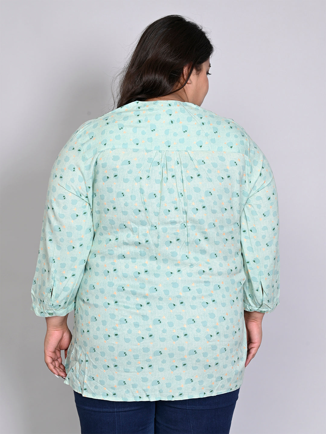 Women Plus Size Green Printed Pintuck Mandarin Collar Longline Top