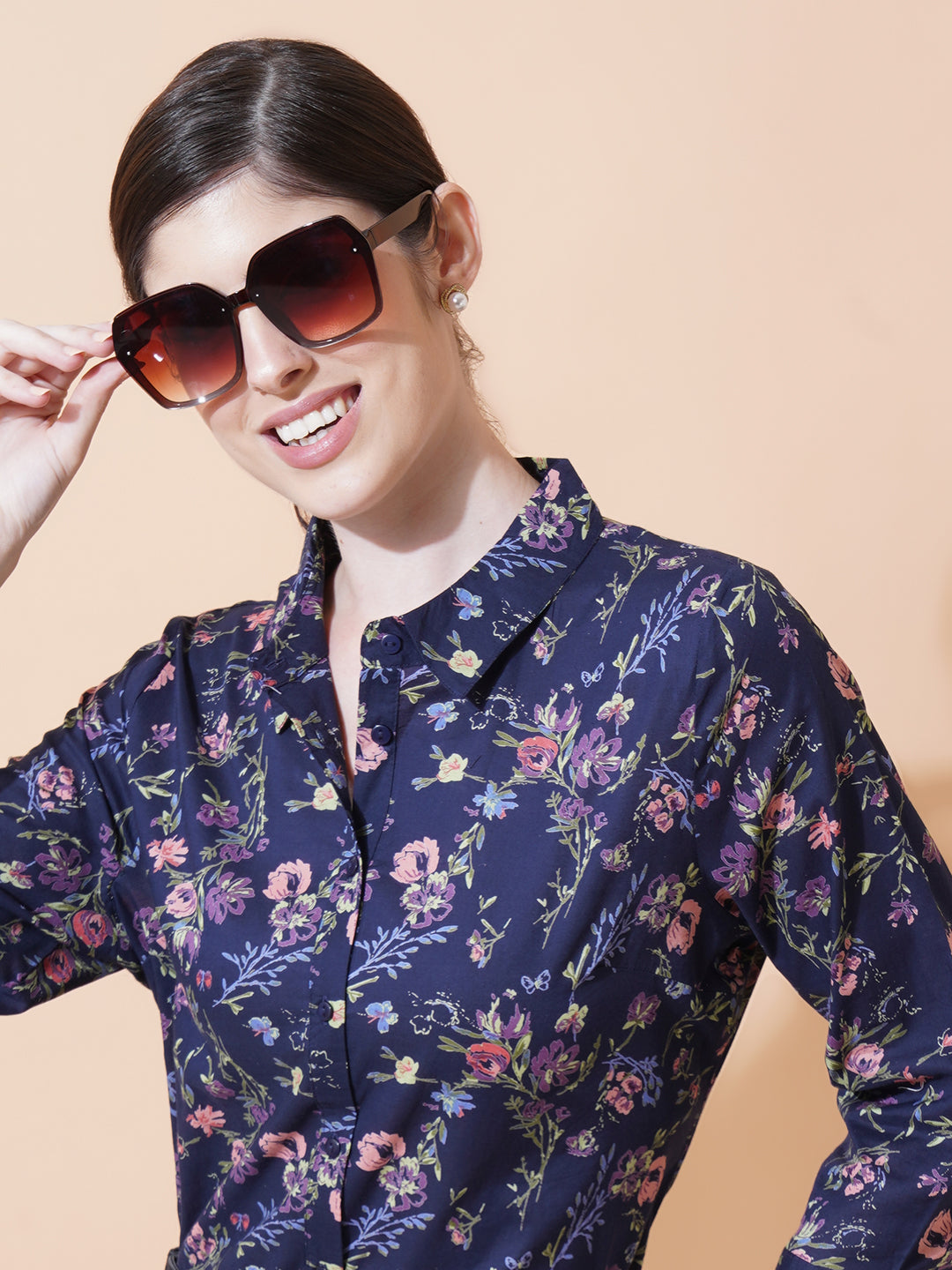 Women Navy Blue & Pink Floral Print Collared Shirt Style Top