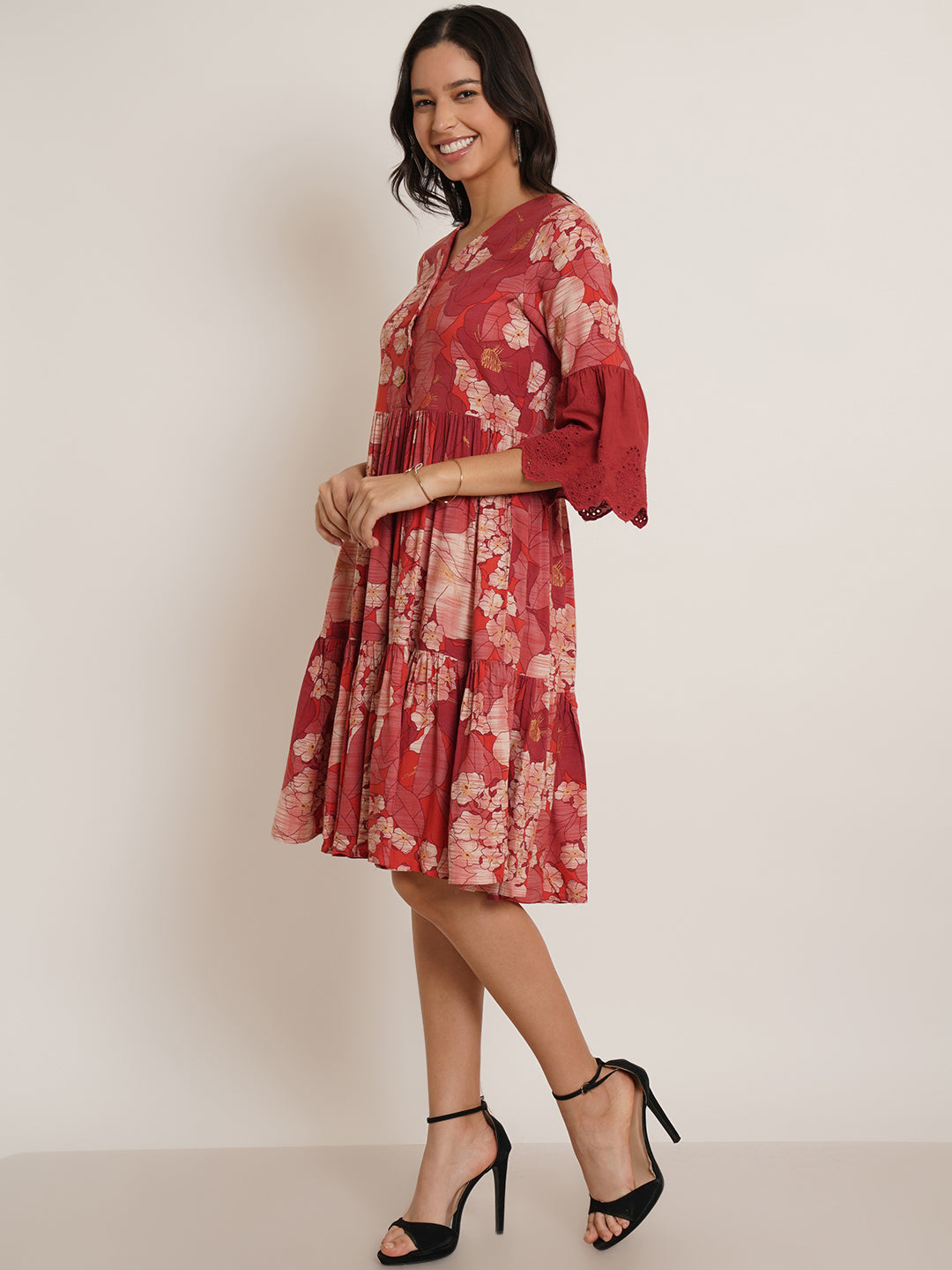 Women Maroon & White Floral Print Schiffli Fit & Flare Dress