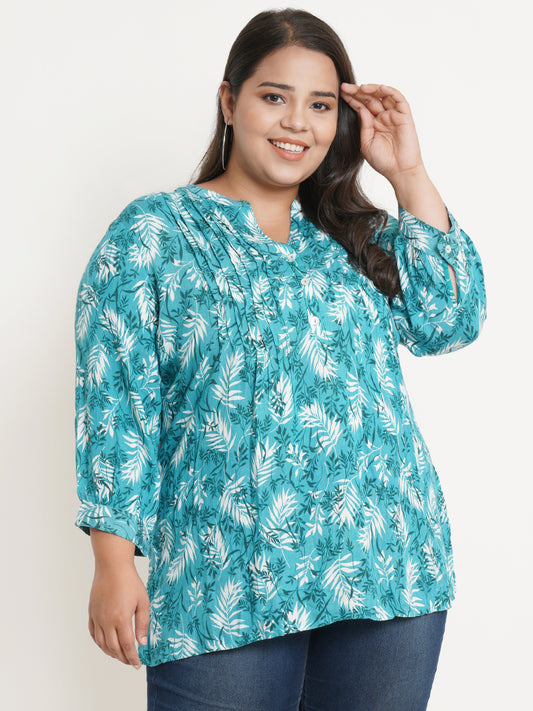 Women Green & White Leaf Print Mandarin Collar Plus Size Top
