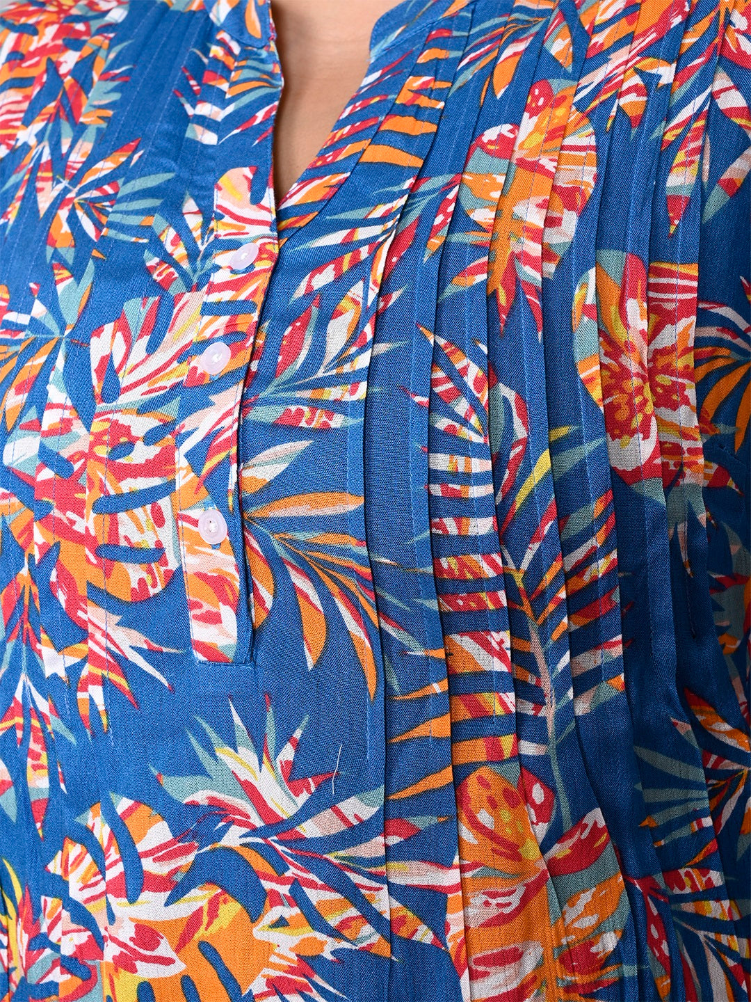 Women Plus Size Blue & Orange Printed Pintuck Mandarin Collar Longline Top