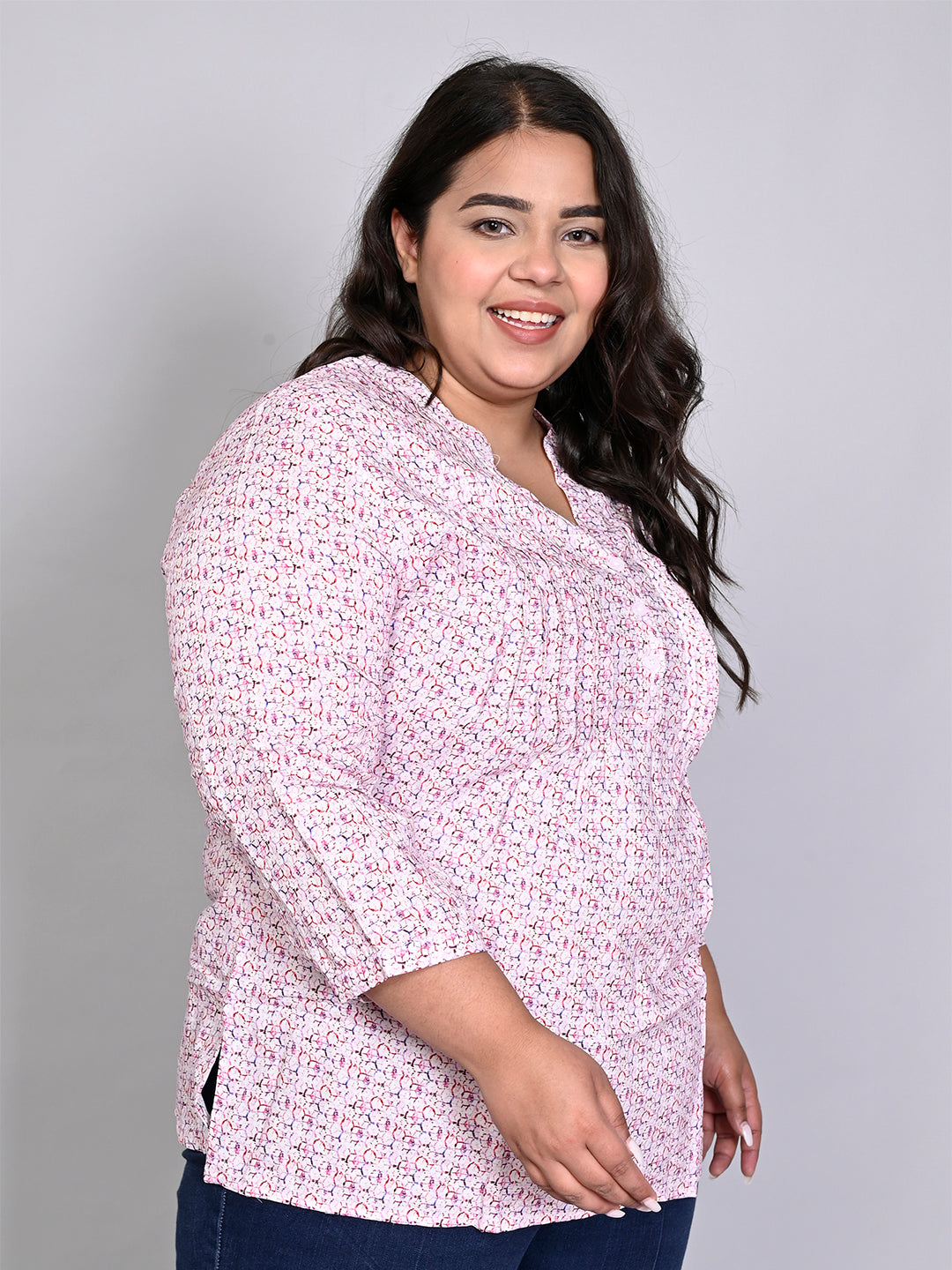 9 Impression Women Pink Printed Pintuck Mandarin Collar Plus Size Top