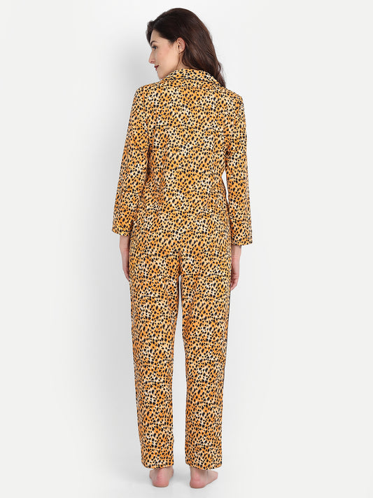 Women Black & Yellow Animal Print Polyester Pyjama & Shirt Nightsuit Set