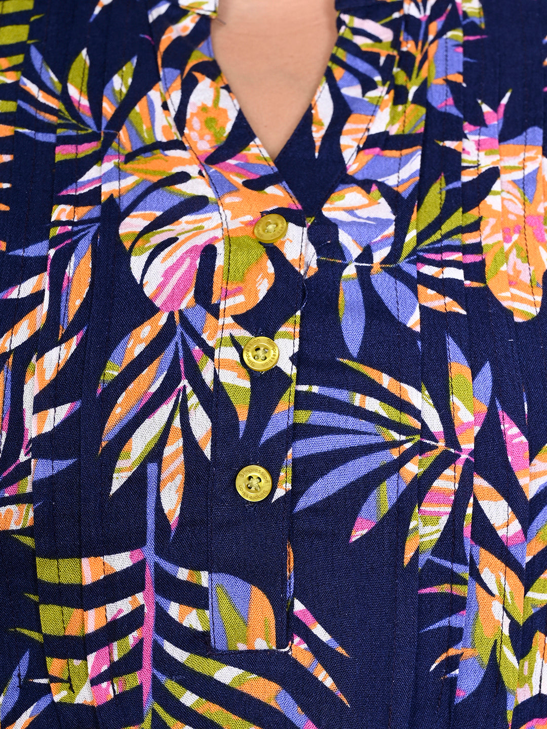 Women Plus Size Navy Blue & Green Printed Pintuck Mandarin Collar Longline Top