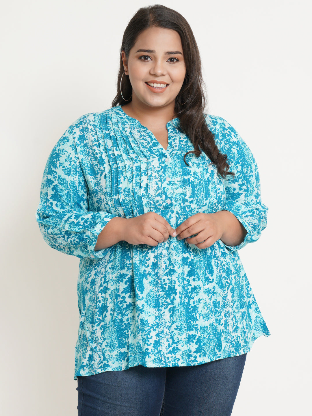 Women Turquoise Blue & White Abstract Printed Mandarin Collar Plus Size Top