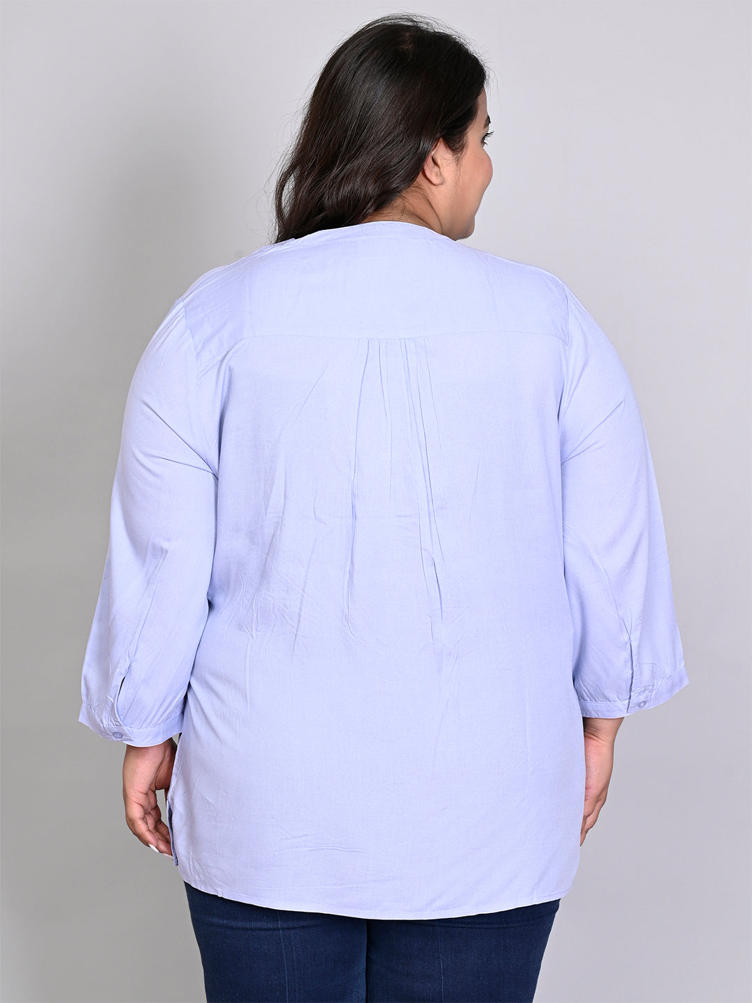 9 Impression Women Plus Size Sky Blue Solid Pintuck Mandarin Collar Longline Top