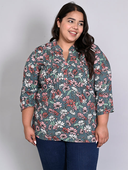 Women Plus Size Green & Pink Printed Pintuck Mandarin Collar Longline Top