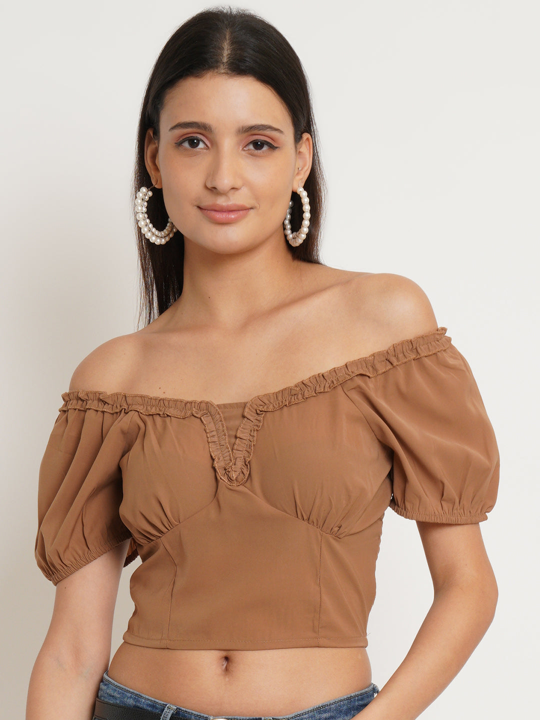 Women Brown Self Design Smocked Crop Top