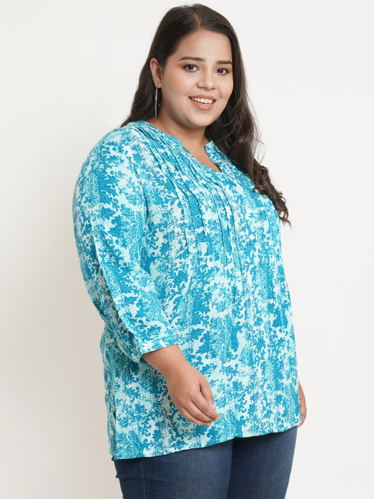 Women Turquoise Blue & White Abstract Printed Mandarin Collar Plus Size Top