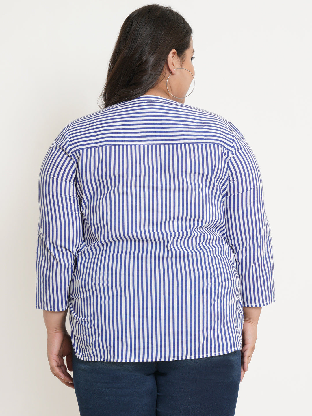 Women Blue & White Stripe Mandarin Collar Plus Size Top