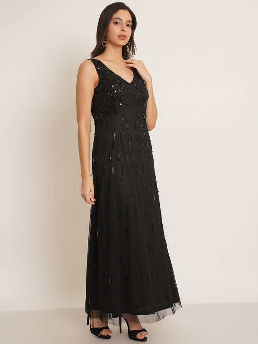 Women Black Embellished V-Neck Maxi Gown