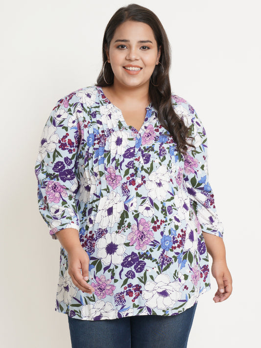 Women Floral Print Mandarin Collar Plus Size Top - Front Side