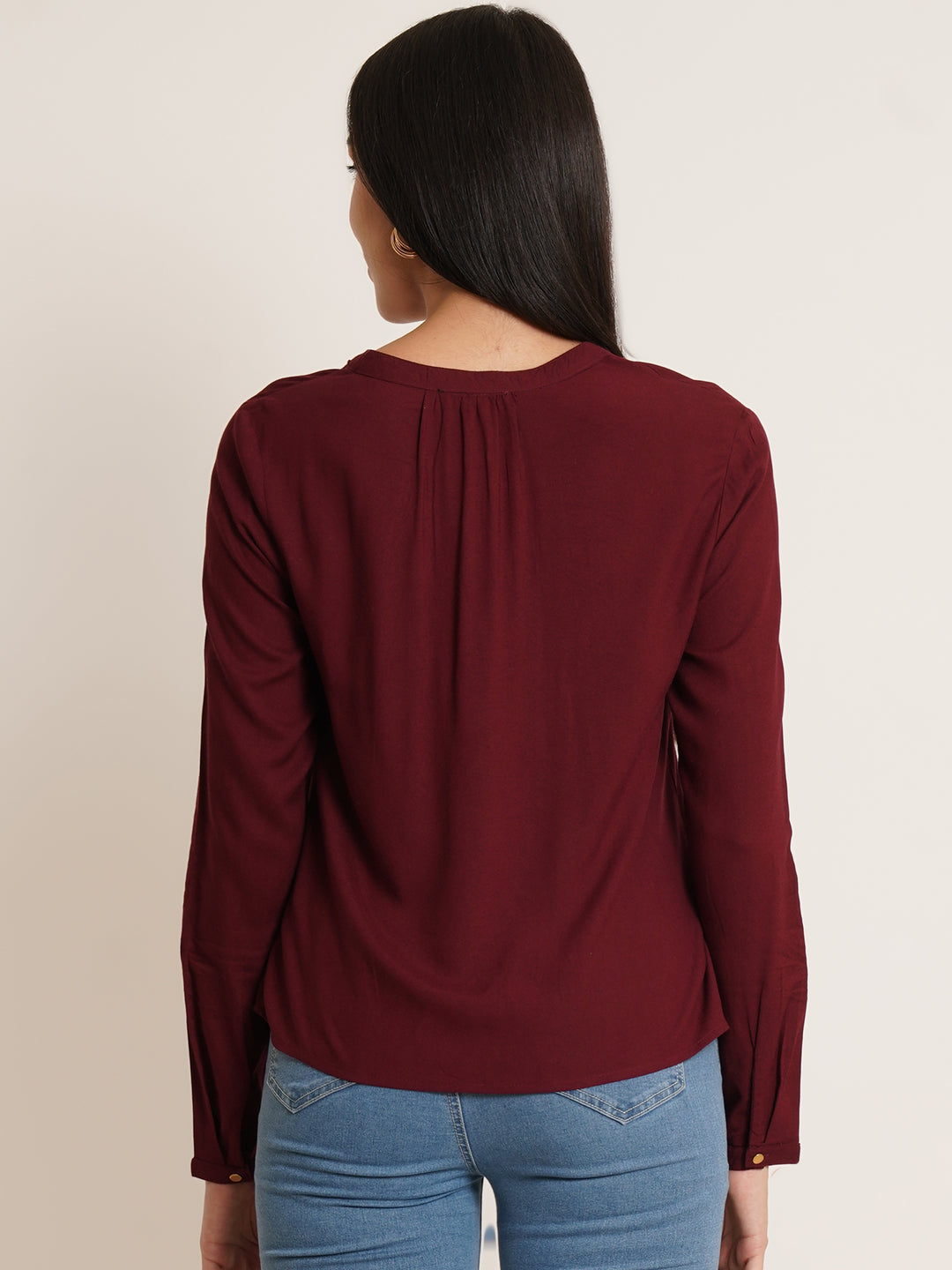 Women Maroon Solid Mandarin Collar Top