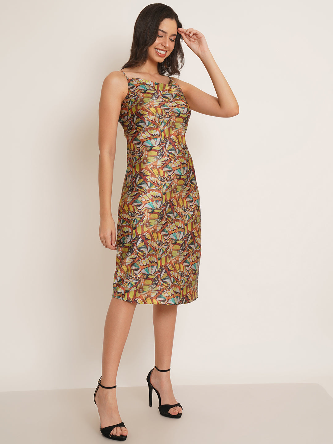 Mustard Printed Satin A-Line Women Dresses – 9 Impression