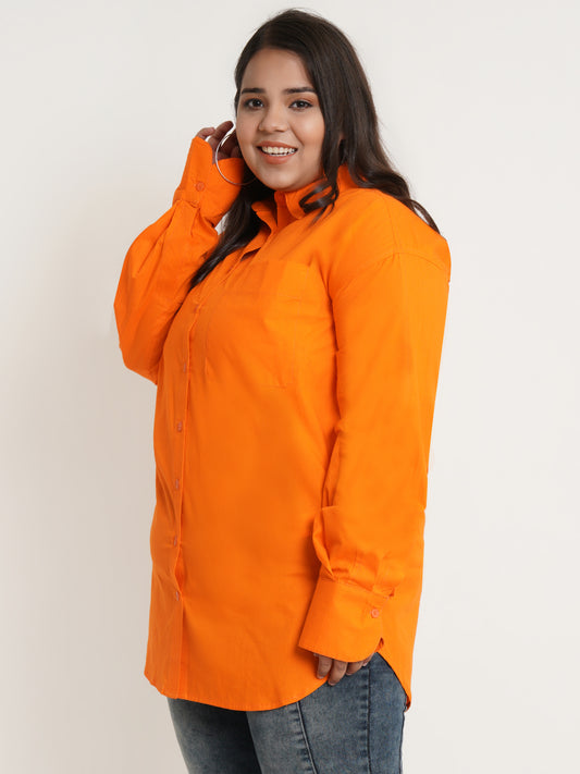 Women Orange Full Sleeves Collar Style Plus Size Top