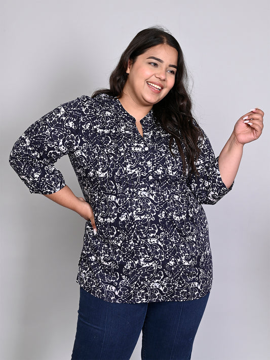 Women Plus Size Navy Blue & White Printed Pintuck Mandarin Collar Longline Top