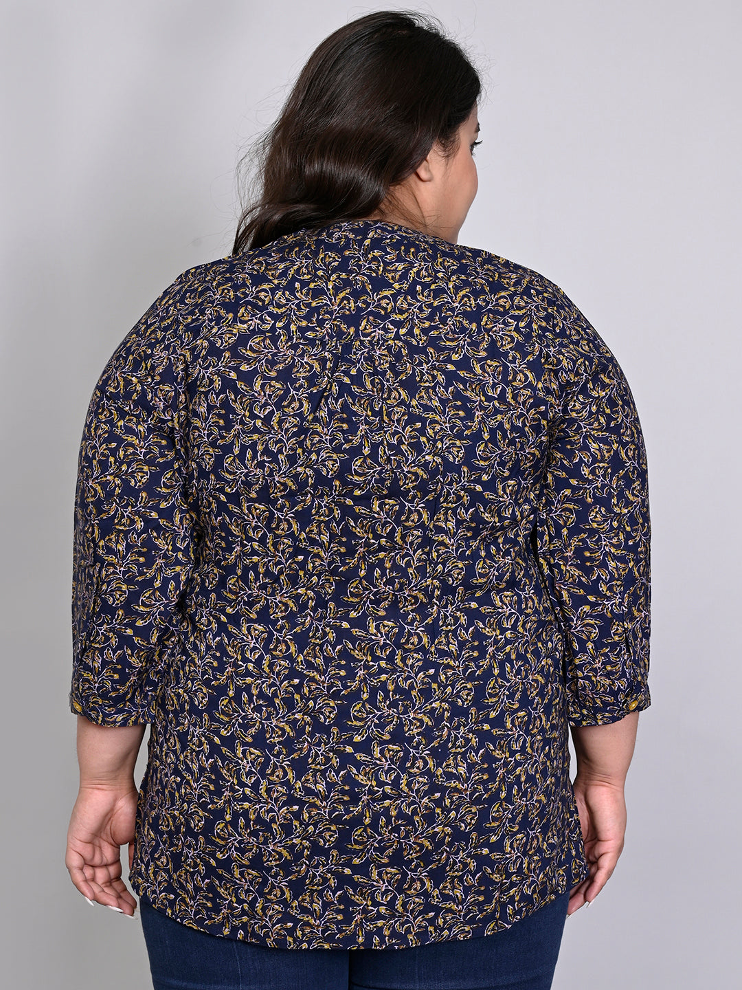 Women Plus Size Navy Blue & Green Printed Pintuck Mandarin Collar Longline Top