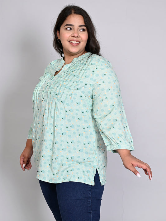 Women Plus Size Green Printed Pintuck Mandarin Collar Longline Top