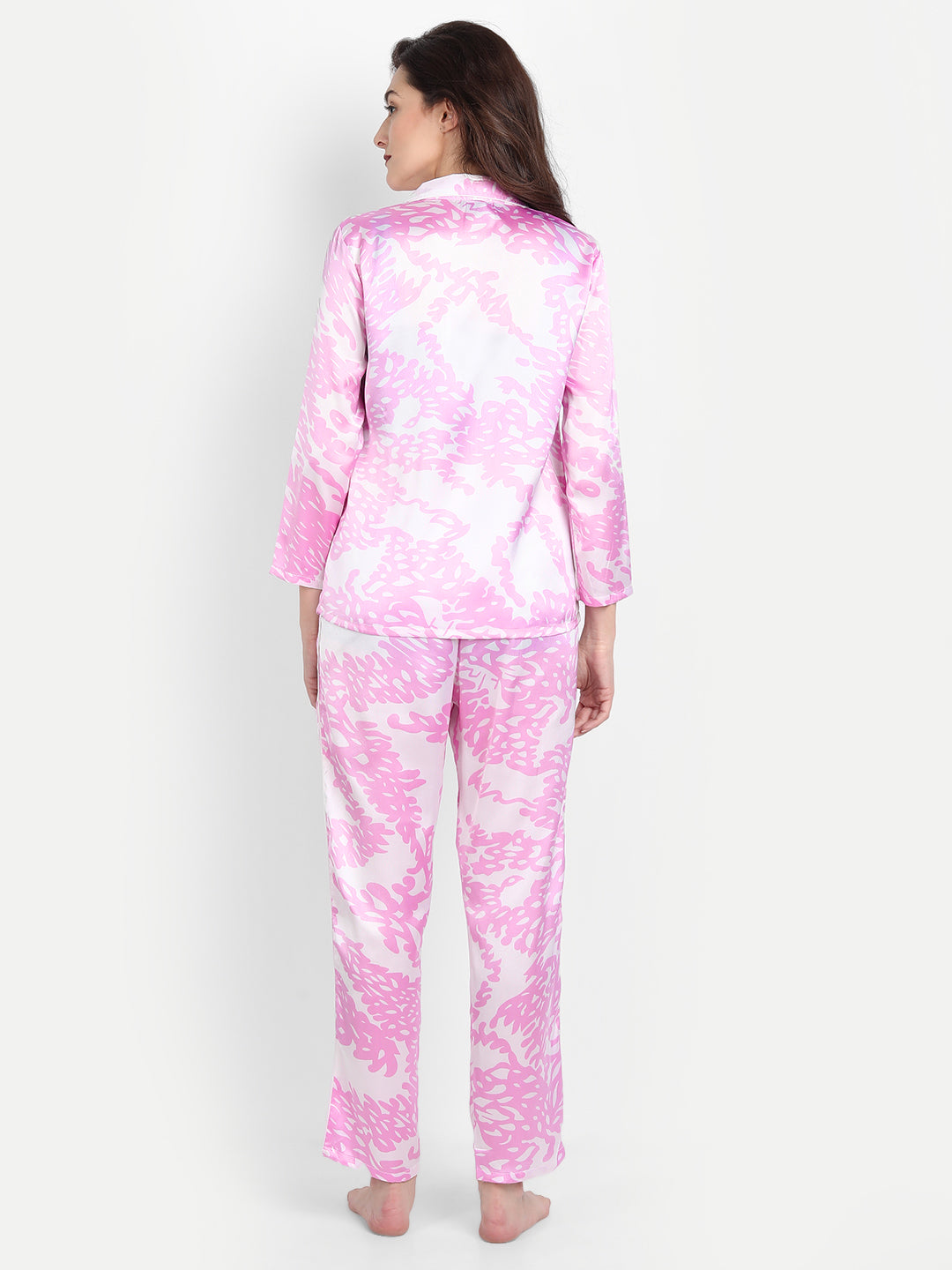 Women Pink & White Satin Pyjama & Shirt Nightsuit Set