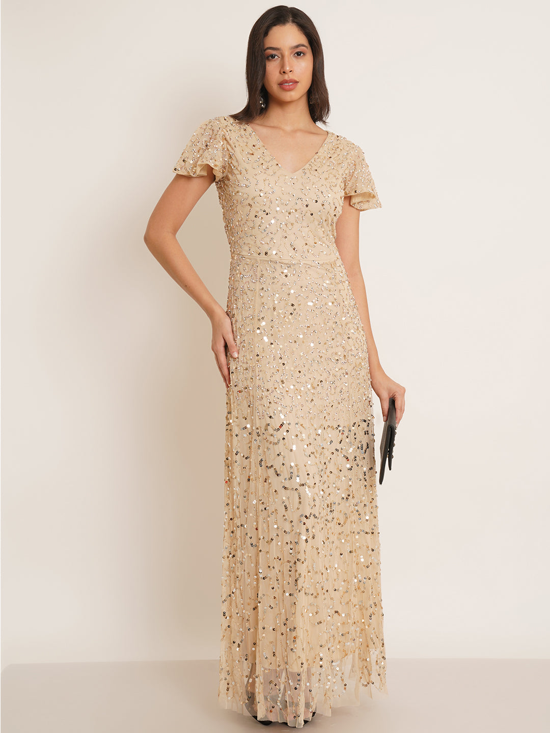 Women Beige Embellished Flutter Sleeves V-Neck Maxi Dress