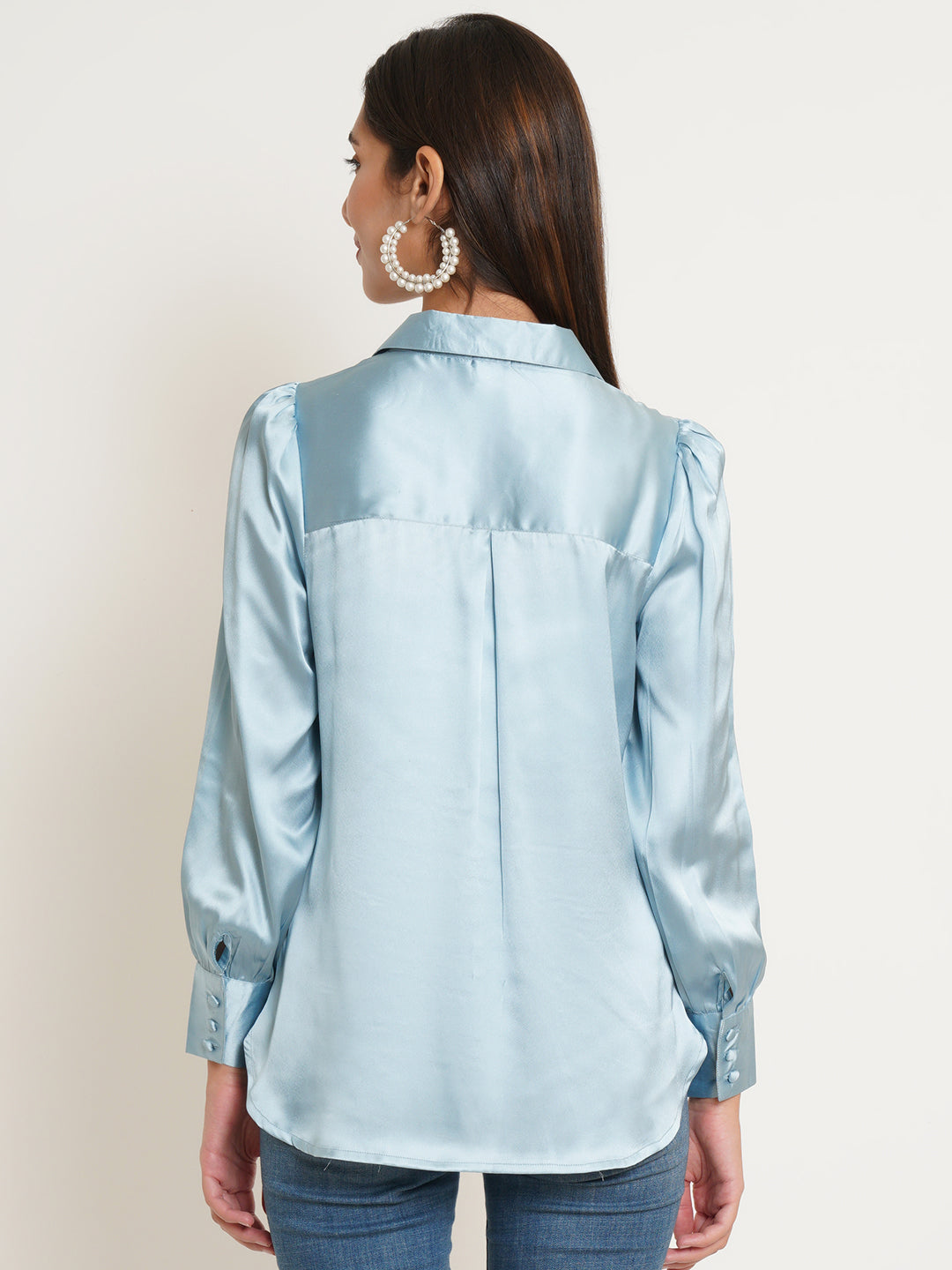 Women Silver Solid Satin Full Sleeves Shirt Collared Tops