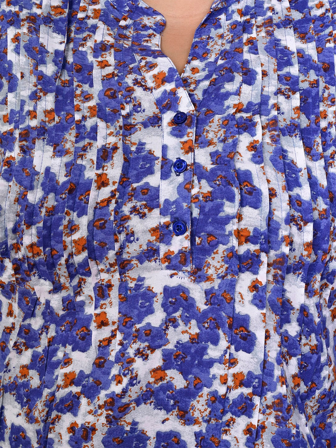 Women Plus Size Blue & White Printed Pintuck Mandarin Collar Longline Top