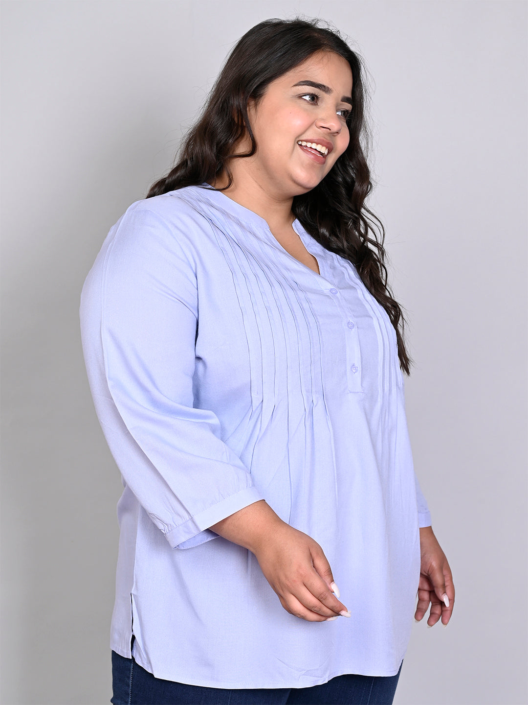 9 Impression Women Plus Size Sky Blue Solid Pintuck Mandarin Collar Longline Top