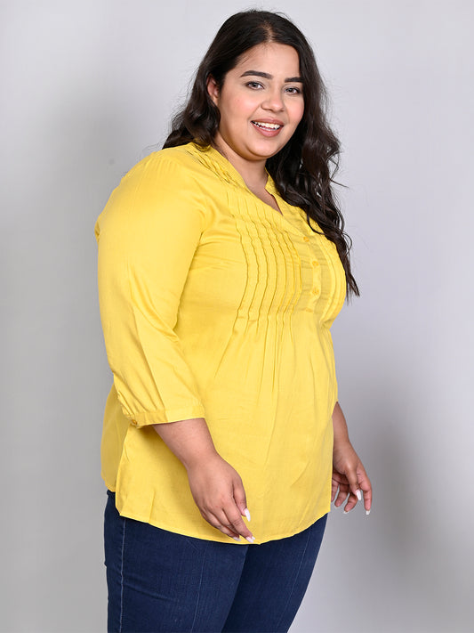 Women Plus Size Yellow Solid Pintuck Mandarin Collar Longline Top