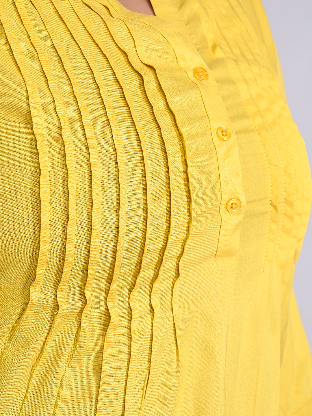 Women Plus Size Yellow Solid Pintuck Mandarin Collar Longline Top