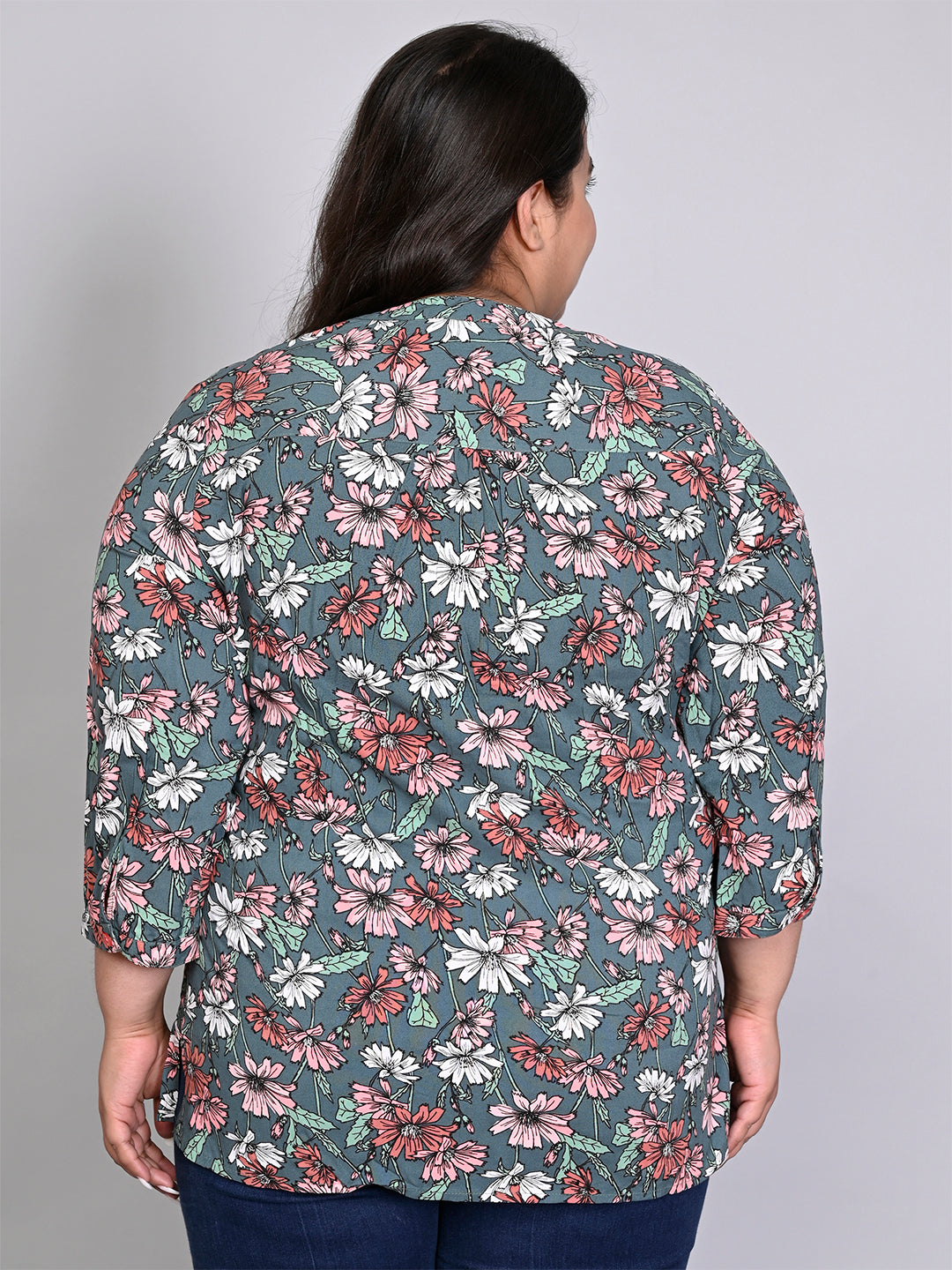 Women Plus Size Green & Pink Printed Pintuck Mandarin Collar Longline Top