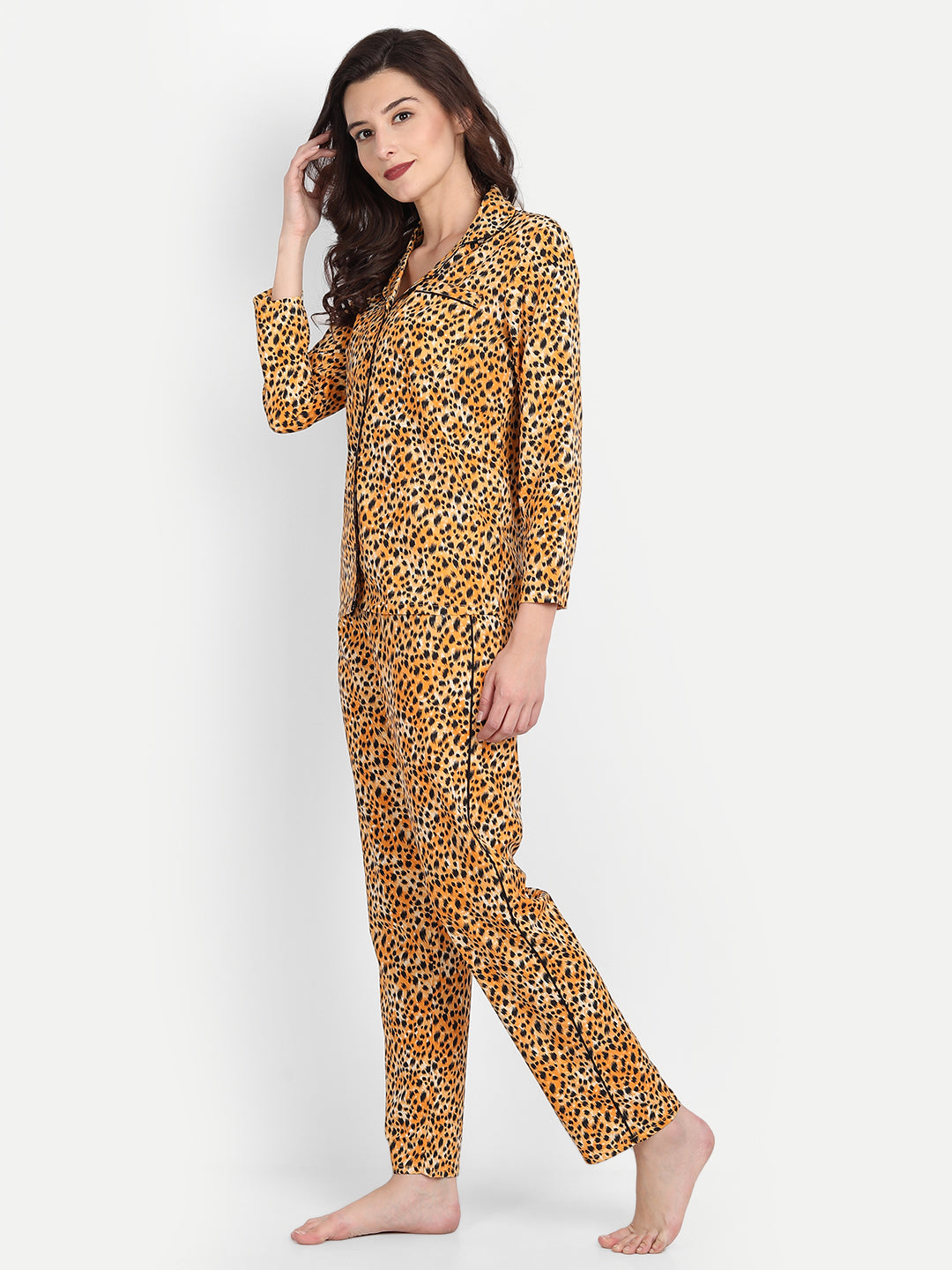 Women Black & Yellow Animal Print Polyester Pyjama & Shirt Nightsuit Set