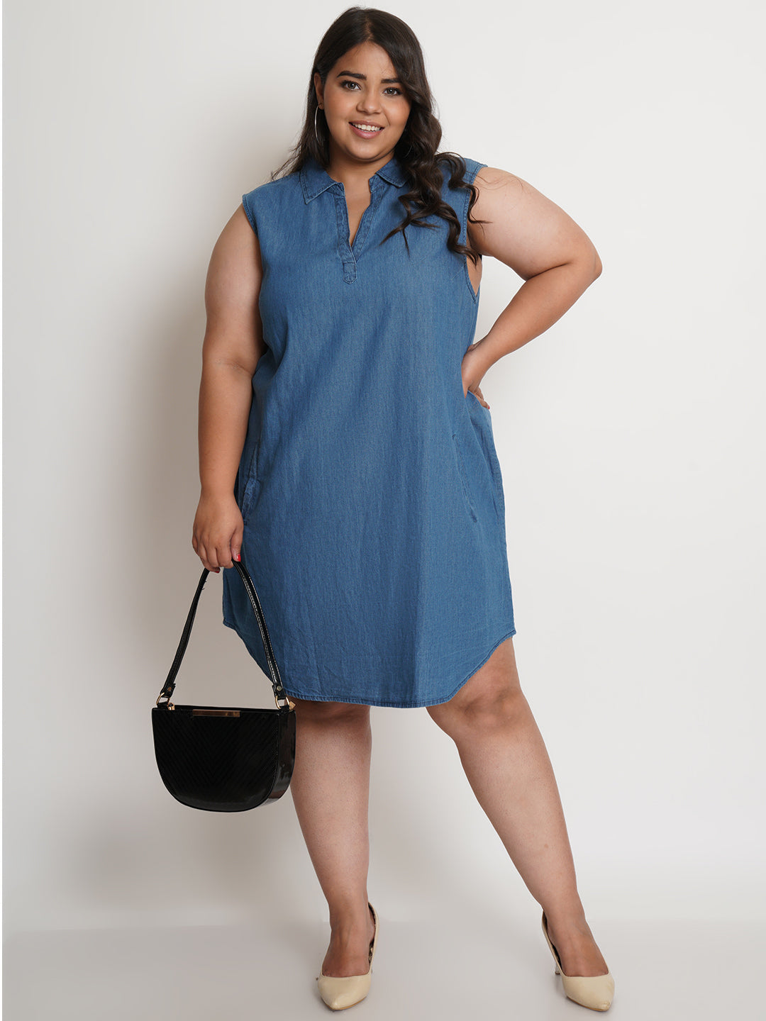 Women Blue Collared Denim Plus Size Shirt Dress