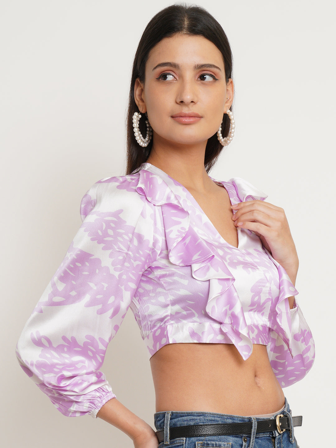 Women Satin Tie & Dye Ruffled Bardot Top