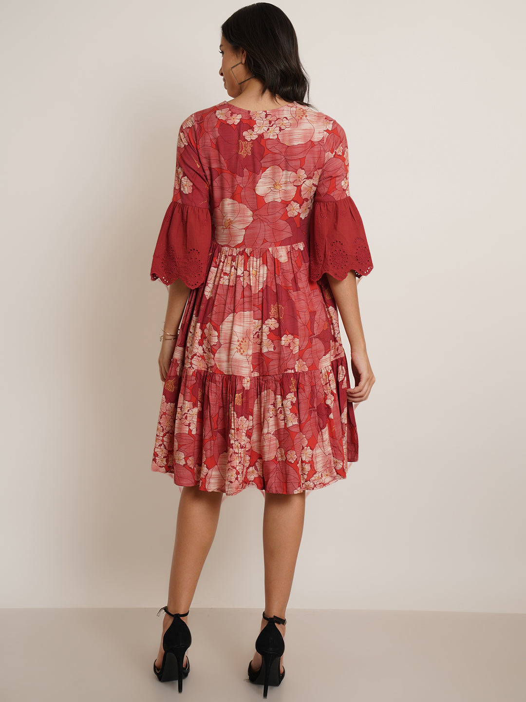 Women Maroon & White Floral Print Schiffli Fit & Flare Dress