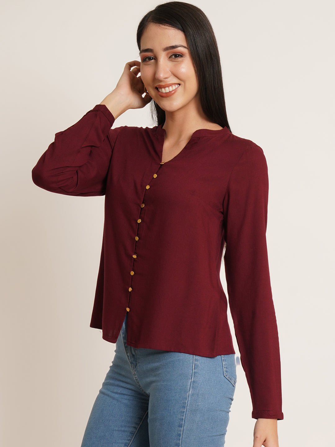 Women Maroon Solid Mandarin Collar Top