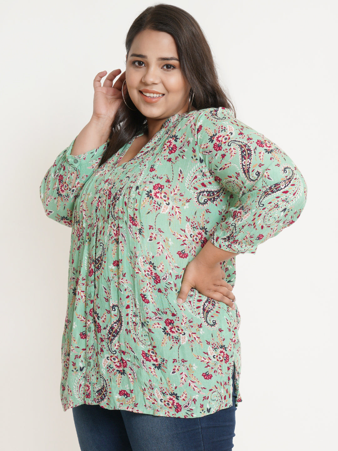 Women Green Floral Mandarin Collar Plus Size Top