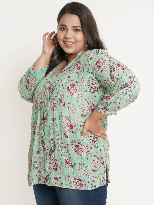 Women Green Floral Mandarin Collar Plus Size Top