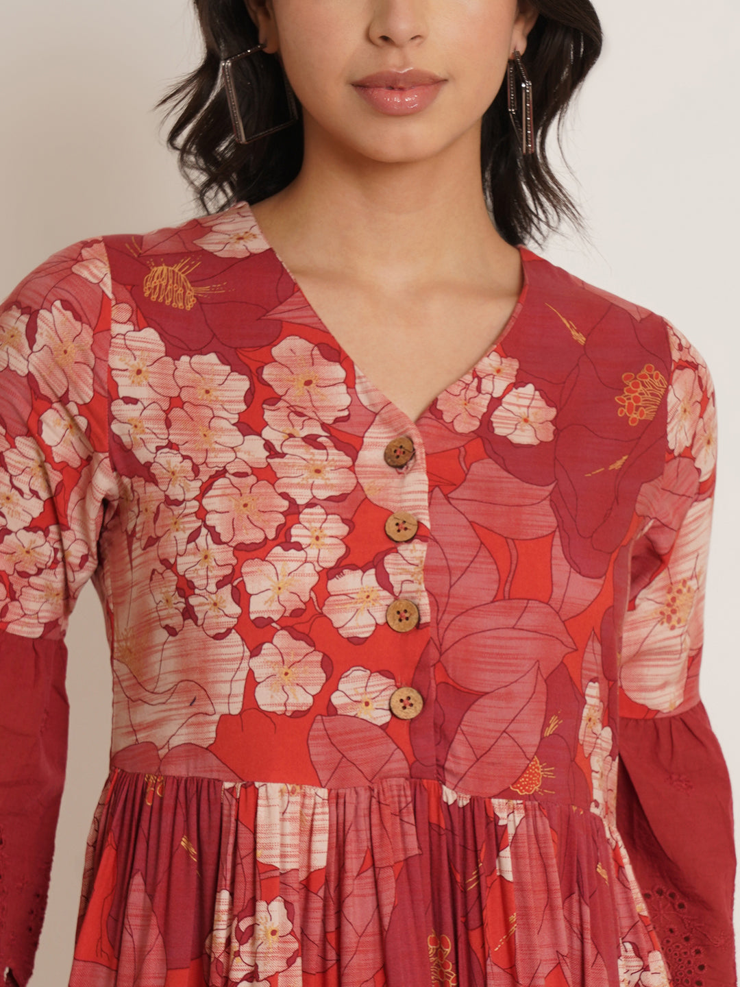Women Maroon & White Floral Print Schiffli Fit & Flare Dress