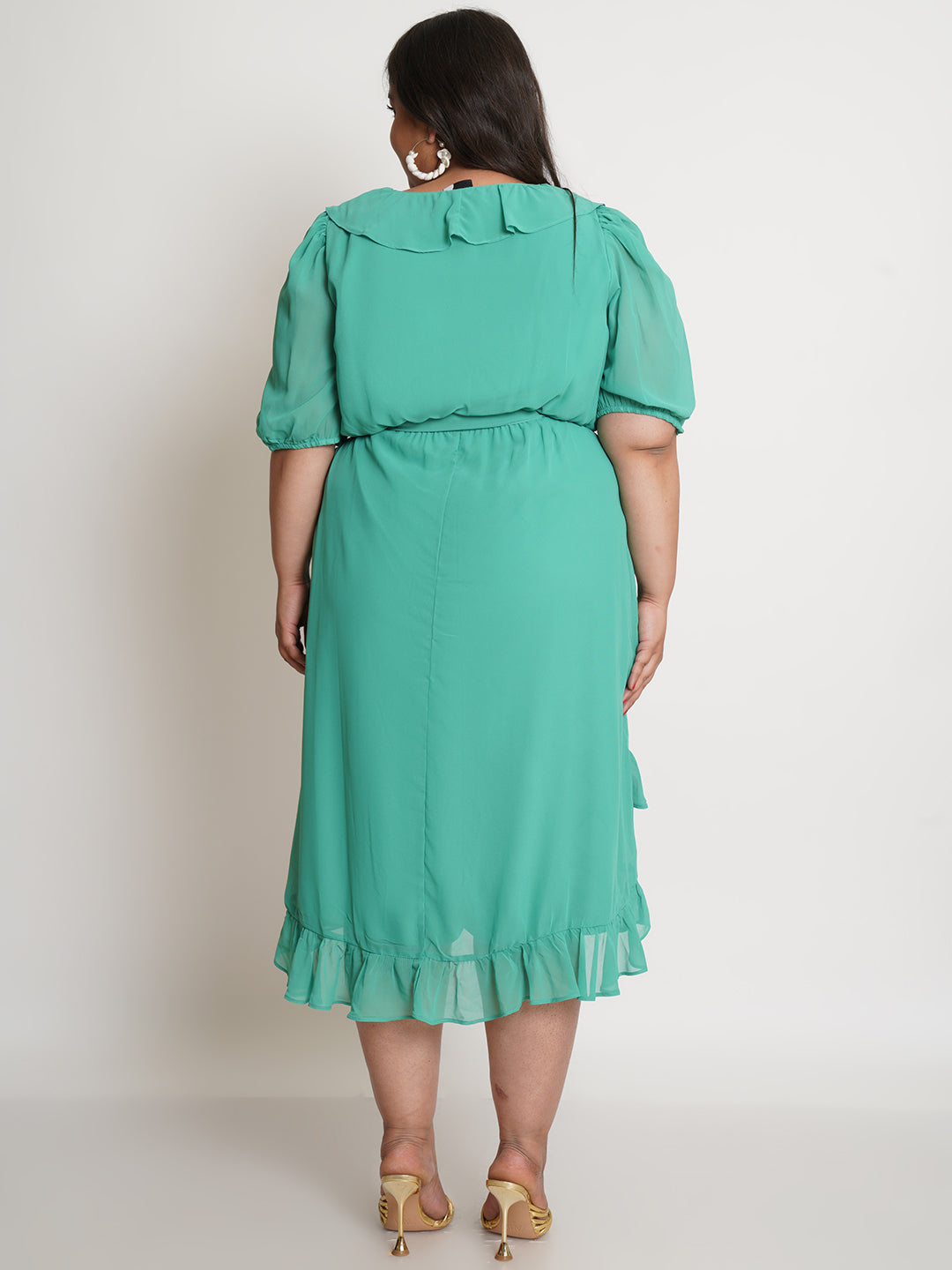 Green Solid Ruffle Self Design Midi Plus Size Dress