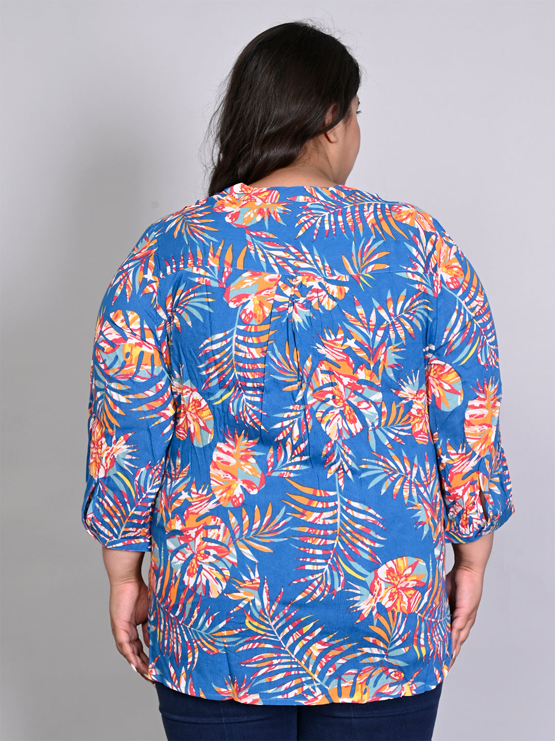 Women Plus Size Blue & Orange Printed Pintuck Mandarin Collar Longline Top