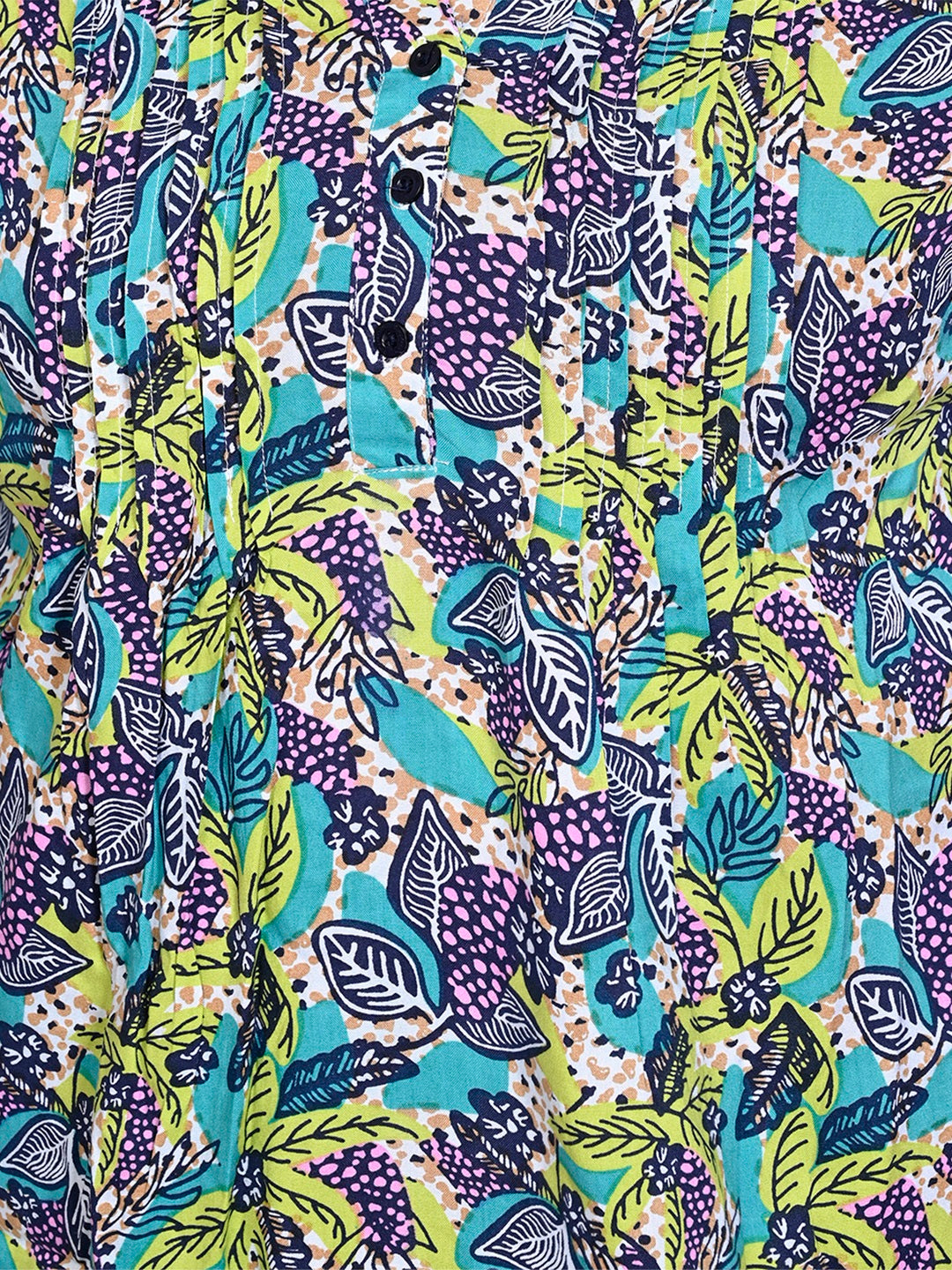 Women Plus Size Blue & Green Printed Pintuck Mandarin Collar Longline Top