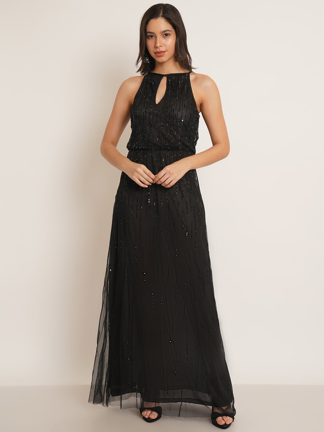Women Black Embellished Halter Neck Gown Dress