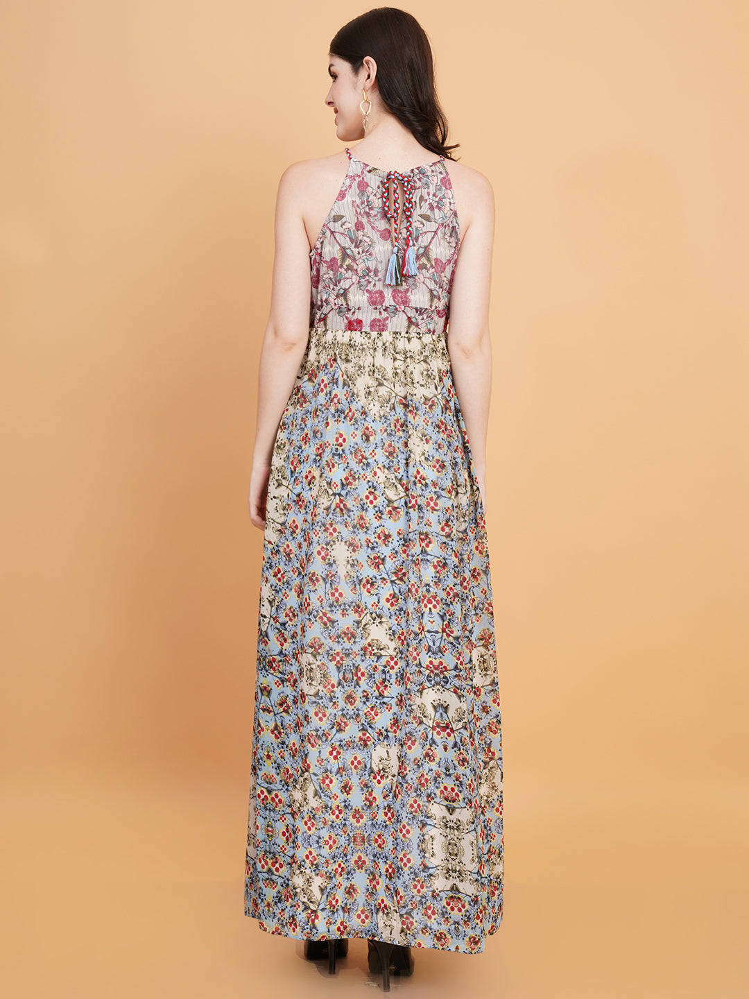 Women Red & Blue Floral Print Tie-Up Neck Maxi Dress