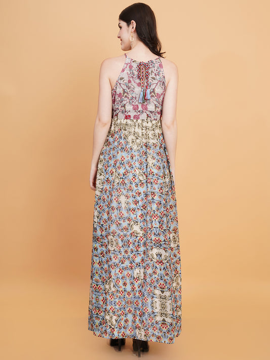 Women Red & Blue Floral Print Tie-Up Neck Maxi Dress