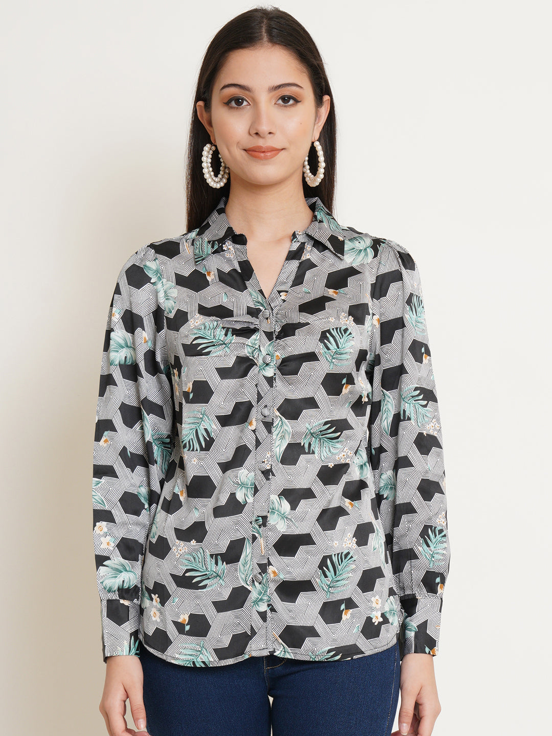 Women Black & White Printed Satin Full Sleeves Shirt Collared Tops