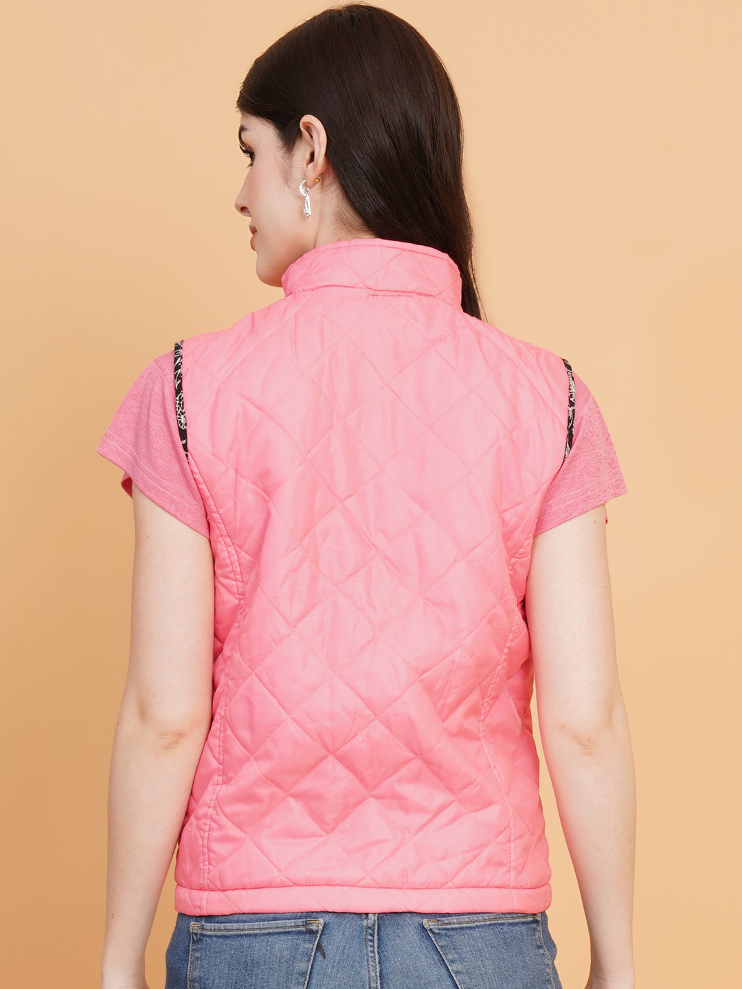 Women Pink Solid Quilted Jacket