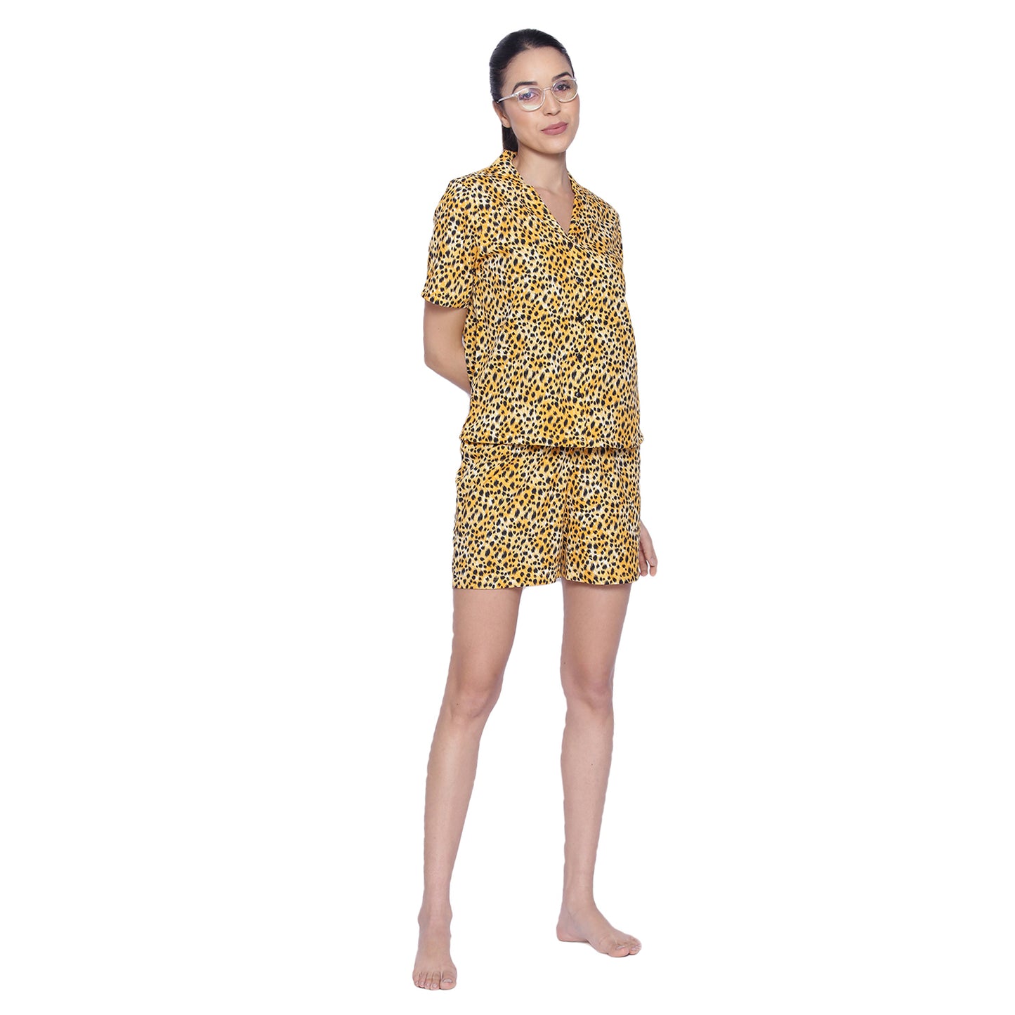 Women's Black & Yellow Printed Polyester Shorts & Shirt Nightsuit Set